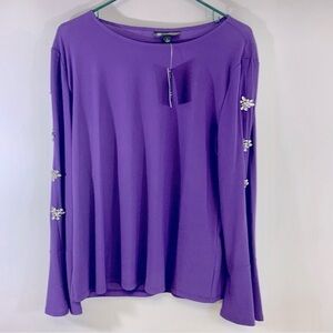 INC Womens PURPLE Embellished Sleeve Long Sleeve Jewel Neck Top Size: LG